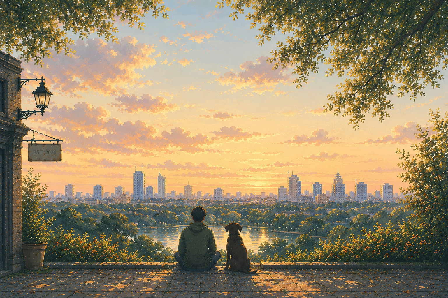 A person and their dog watching the sunset over the city